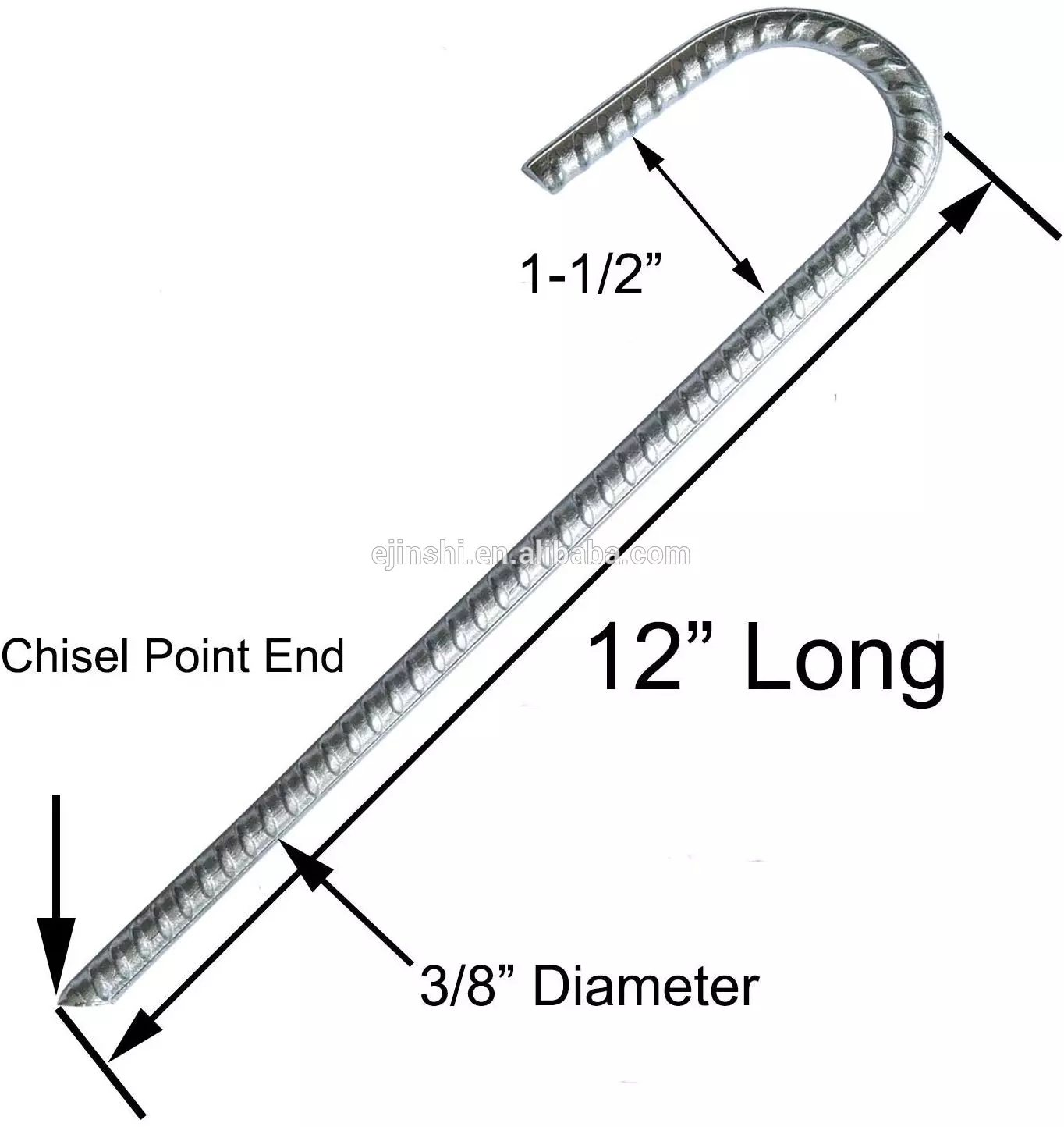 Galvanized Steel J Pins Ribbed 300mm x 10mm Metal Pegs Camping